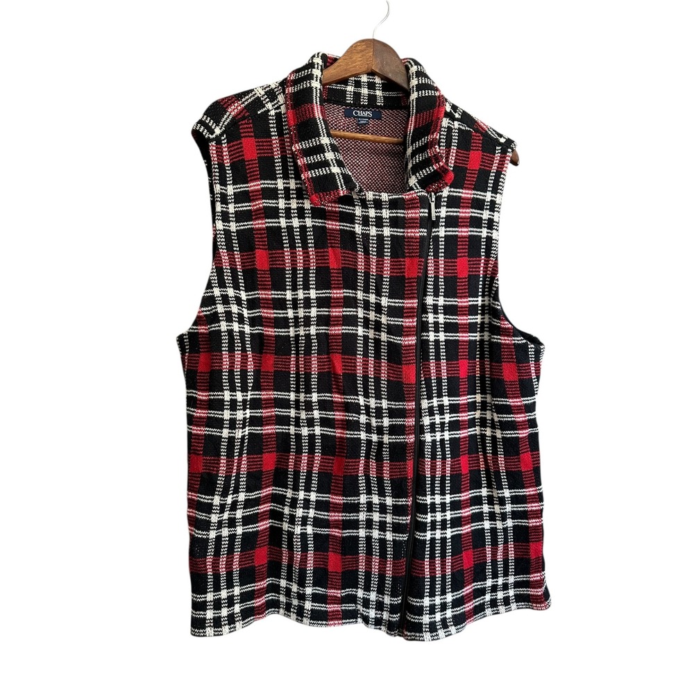 Chaps Plaid Full‎ Zip Vest Women's 2X Red Black White Knit Collar